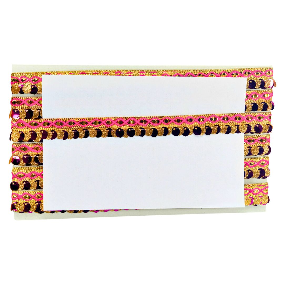 Decorative card with pink and gold border on a white background